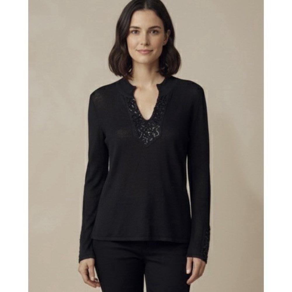 Amina Rubinacci Napoli Black Sequin V-Neck Knit Sweater Made in Italy Womens